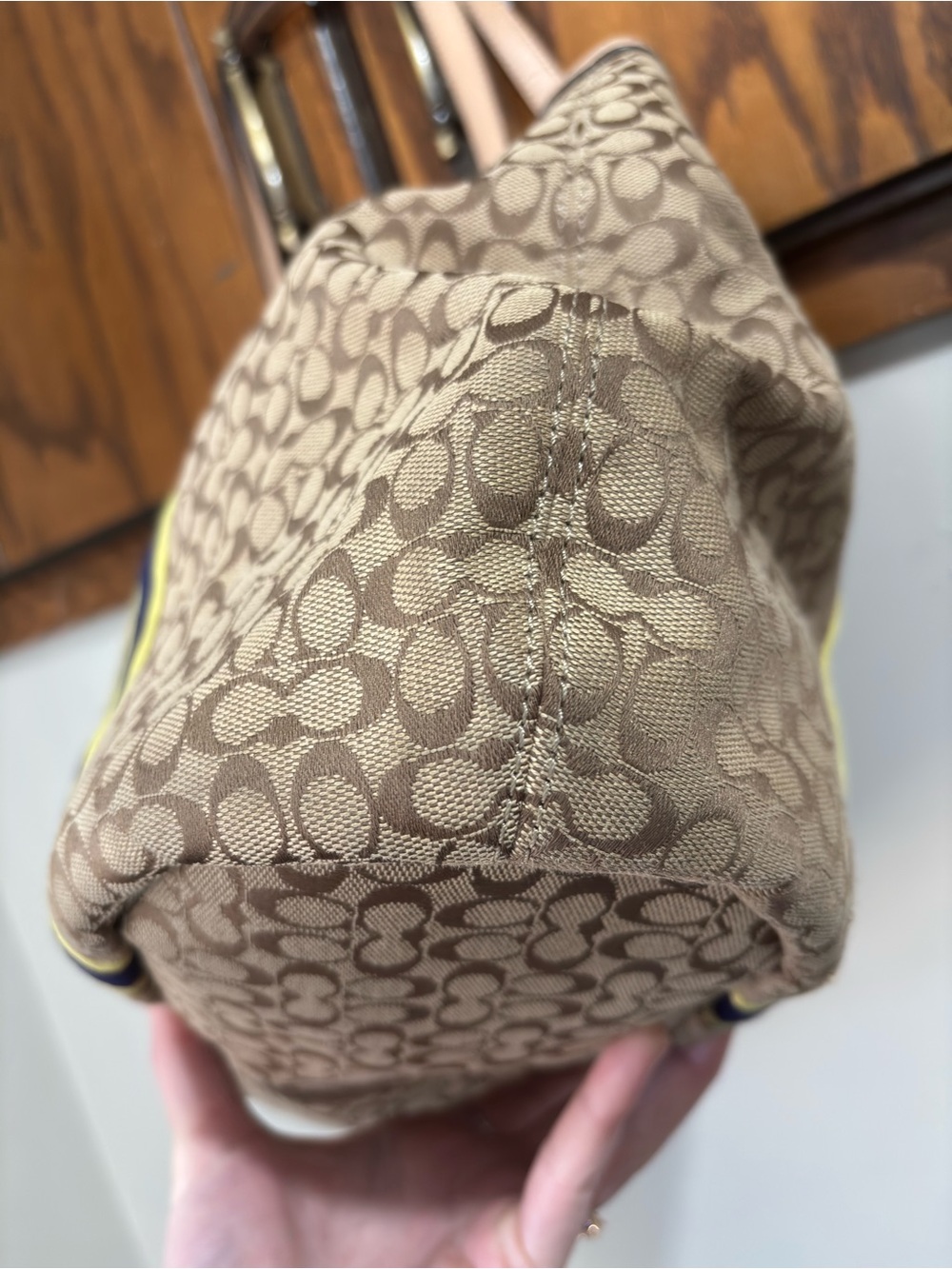 Coach Slouchy Brown Canvas Hobo Tote Purse Leather Trim Navy Yellow Stripes - Picture 8 of 16